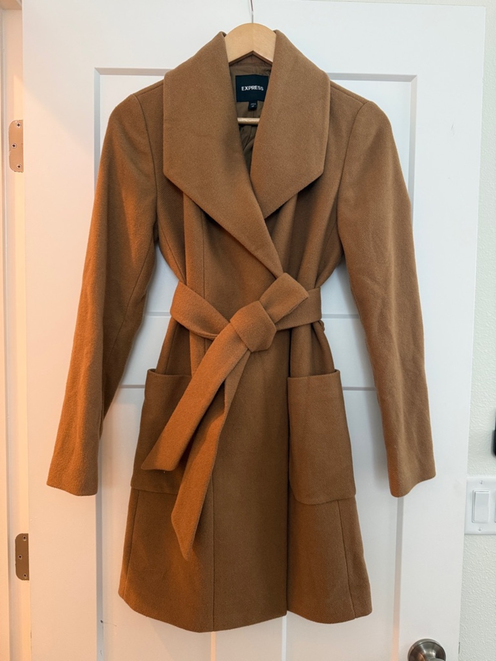 Express Camel Wrap-Belt Wool-Blend Coat